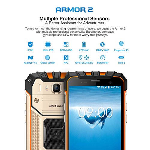 Ulefone Armor 2 Outdoor Smartphone ohne Vertrag (5 Zoll FHD Display, Octa-Core Prosessor, 6GB RAM+64GB ROM, 16MP/13MP Kameras, IP68-Zertifizierung, Wasserdicht, Dual-SIM (Nano), Android 7.0) dark grey