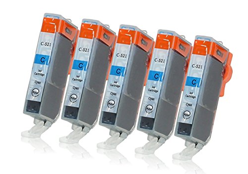 5 Druckerpatronen mit Chip und Füllstandsanzeige kompatibel zu Canon CLI-521 (Cyan) passend für Canon Pixma IP-3600 IP-4600 IP-4600-X IP-4700 MP-540 MP-550 MP-560 MP-620 MP-630 MP-640 MP-640-R MP-980 MP-990 MX-860 MX-870