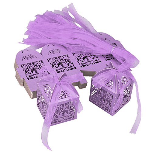 tankerstreet 50 Candy Box Hohl Rosen Blumen Birds mit Bändern Geschenk Box Tasche Braut Dusche Hochzeit Geburtstag Party Supplies Gastgeschenken (lila)