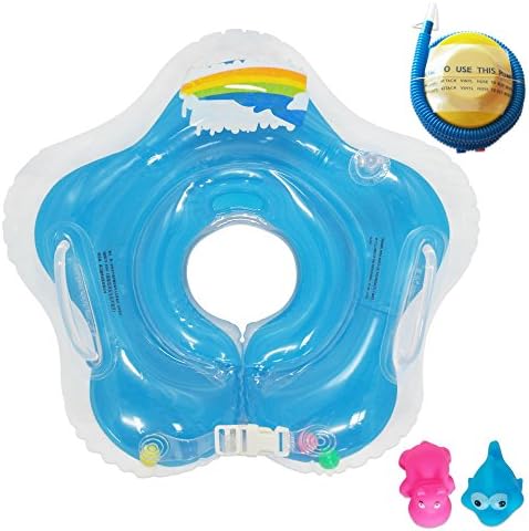 Raintwo Swimming Ring Kids Toddler Inflatable Flower Neck Float Flotation Devices fit 6-36 months' Baby + 2 pieces Squeaky Toys + 1 piece Foot Pump - Blue