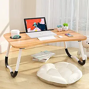 Yogi MART Smart Multipurpose Foldable Laptop Table with Cup Holder, Study Table, Bed Table, Breakfast Table, Foldable and Portable/Ergonomic & Rounded Edges/Non-Slip Legs (Wood)