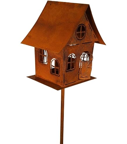 Patina Vogelhuisje Met 2 Vogels – Roestkleurige Tuindecoratie Op Staak, Weerbestendig, Uniek Handgemaakt In Europa