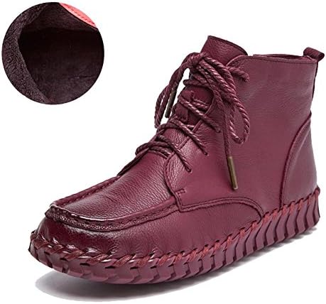 Women Handmade Boots Leather Soft Soles Thicker Plush Flat Warm Lazy Pregnant Ankle Shoelace Shoes . Wine Red . 37