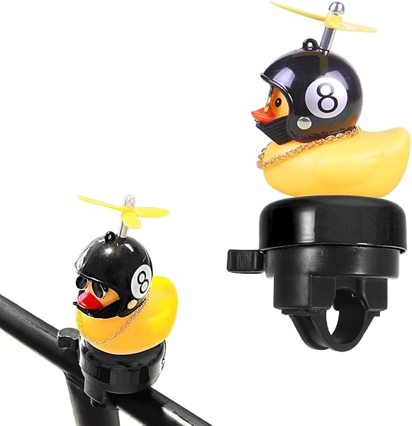 LEPGUYO Timbre Bici Patito de Goma con Casco & Hélice, Bonito – Sonido Fuerte, Accesorio de Ciclismo para Patinete, Triciclo, Regalo de Cumpleaños para Niños & Adultos - 1