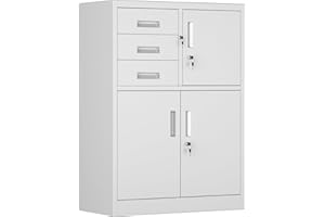 ‎SUPEER SUPEER Aktenschrank,Metallschrank mit DREI SchubladenLagerschränke,Stahlblech Pulverbeschichtung,Stahlschrank für Werkzeuge, Büro,110 x 80 x 40 cm（Weiß