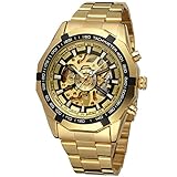 Gute Herren Gold Schwarz Skelett Analog Steampunk Automatik Mechanik Armbanduhr Edelstahl Armband