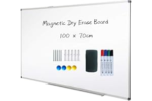 XIWODE Magnetic Dry Erase Board, Wall Mounted Whiteboard, 100 x 70cm, Lightweight White Board, Erase Board Silver Aluminium Framed with Lacquered Steel Surface