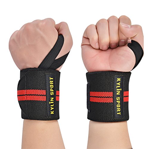 KYLIN SPORT Bracelet Protège de Poignet Ceinture Protecteur Réglable avec Boucle de Pouce pour Entraînement Musculation Cross Training Powerlifting Lot de 2 (Noir et Rouge)