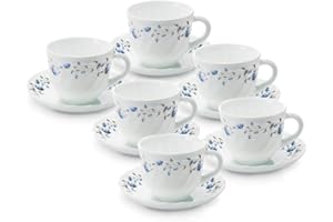 Larah by BOROSIL Glass Helena Cup and Saucer Set, 216Ml, 12-Piece, White