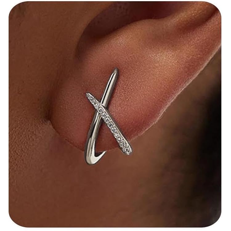 Boucles D'oreilles Créoles Double Ligne En Argent Sterling 925 - Dimensions 13 X 4 Mm - Avec Cristaux Autrichiens Et Zircone Cubique - Cadeau élégant Pour Femme