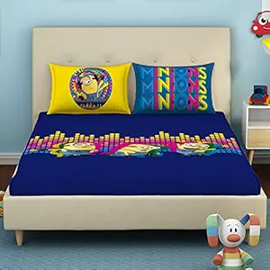 SPACES Minions 100% Cotton Double Bedsheet with Pillow Covers Stain Release Breathable Fabric Skin Safe Printed(228CMX274CM/43CMX68CM) - Dark Blue