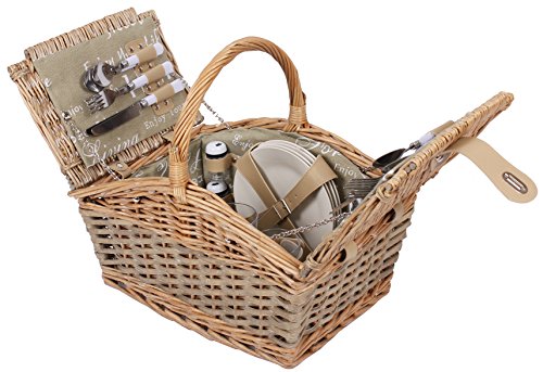 Picknickkorb für 4 Personen Weidenkorb inkl. praktischem Inhalt Messer Porzellan Teller Gläser Weide Korb - 2