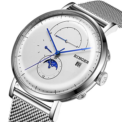 Preisvergleich Produktbild Binger Schweiz Automatische Herrenuhr mechanische Uhr männlich Saphir Japan Bewegung Edelstahlarmband mit Mondphase, vollständiger Kalender 8610M,White