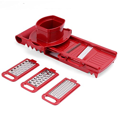 Nuovoware Multischneider für Gemüse Obst, Verstellbarer 5 in 1 Profi-Mandoline Reibe Gemüseschneider mit 5 Edelstahl Klingen, Nahrungsmittelsicherheits-Halter und eine Push-Sicherheit, Rot