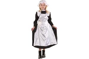 ROSEVALE COSTUMES Victorian Poor Girl Costume for Girls - Historical Dress Up Outfit with Black Dress, White Apron & Mop Cap - Girls Victorian Maid Costume for School Play, Book Day & Halloween
