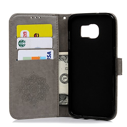 Badalink Für Samsung Galaxy S7 Edge Hülle PU Leder Lederhülle Tasche Case Cover Druck Campanula Totem Design Grau Gray Brieftasche Wallet Flip Case Schutz Etui Schale im Bookstyle mit Weich Handschlaufe Standfunktion Karteneinschub und Magnetverschluß für Samsung Galaxy S7 Edge Duos G935F 5.5″ Premium Ledertasche - 2