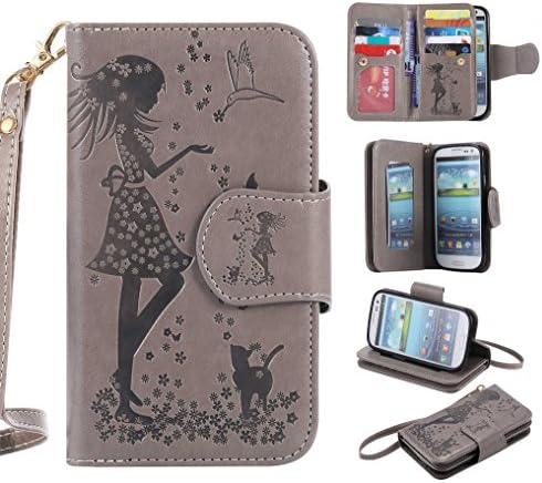 Galaxy S3 Case, CUSKING Premium Leather Wallet Stand Flip Folio Case for Samsung Galaxy S3 Protective Bumper Shockproof Case with Card Holder and Strap - Gray