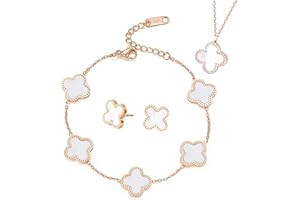TOFBS Conjuntos de Joyas Trébol de Cuatro Hojas para Mujer Niñas 18K Oro Rose Plateado Acero Inoxidable Doble Cara Blanco Negro Collar Pendientes Pulsera Juego de Joyas (Blanco)