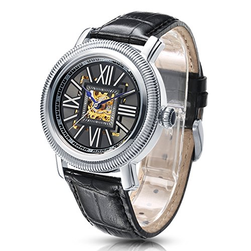 Time100 NEU Herrenuhr Automatik Lederarmband Analog skelett mechanische Uhr Armbanduhr mit schwarz Lederarmband 5 Bar Wasserdicht Schwarz #W60055G.01A