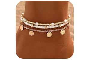 FloralGrace Collier coquillage femme Set de bracelets de cheville pour femmes, Or Bohème Perles Bracelet de cheville réglable, Plage hawaïenne Coquillage Perles Cœur Étoile de mer Peigne Bijoux de