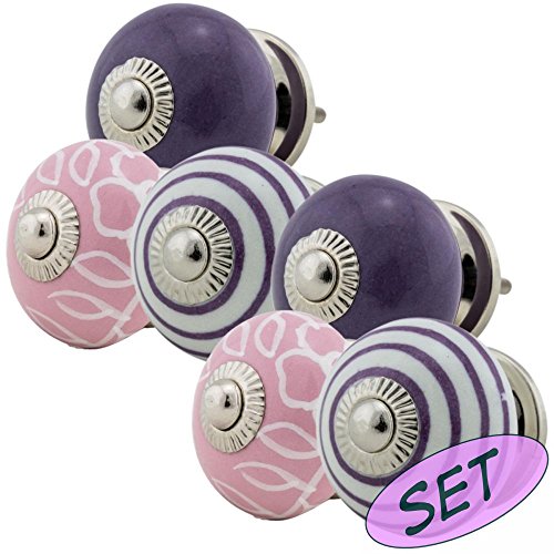 Möbelknopf Möbelknauf Möbelgriff Set JK0190 6er lila rosa 03018 Keramik Porzellan handbemalte Vintage Möbelknöpfe für Schrank, Schublade, Kommode, Tür - Jay Knopf