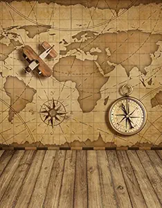 Vintage Brown Map Backdrop for Photography Studio Plane Compass Retro Digital Photo Booth Background Kids Children Shooting Prop with Wood Floor 57 ft 2138
