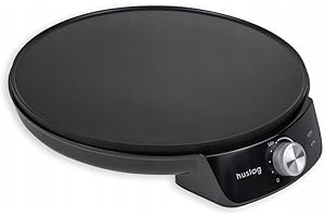 Huslog Crêpière Électrique 1200W, Ø29 cm, Revêtement Antiadhésif, Température Réglable, Bord Relevé, avec Spatule Bois et Répartiteur, Noir - Parfaite pour Crêpes, Pancakes, Tortillas et Tacos