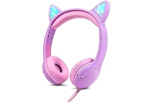 Olyre Kids Headphones, Safe 85db Volume Control Light Up Cat Ear Headphones with Sharing Port for Classroom/Travel/Homeschool, Sparkling Birthday Gifts for Girls & Boys - Purple/Pink