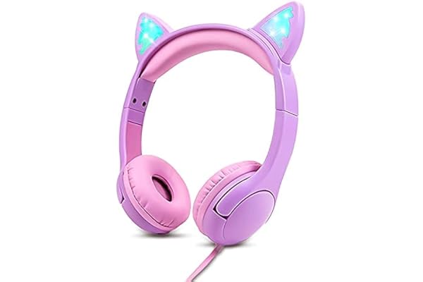 Olyre Casque pour Enfants, Casque Chat avec Volume Limité à 85db, Écouteurs Filaires pour Filles pour Kindle Fire, Tablette, Écouteurs Supra Auriculaires pour L'école et Le Voyage - Violet/Rose
