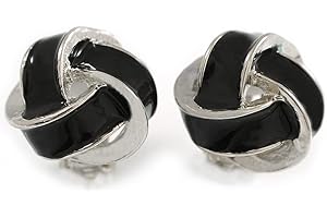 AVALAYA 18mm D/Black Enamel Knot Clip On Earrings in Silver Tone