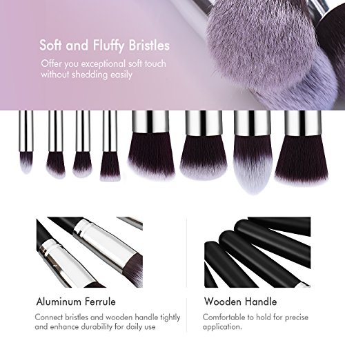 8pcs Make-up Pinselset & Gesichtsschwamm, Omorc Professioneller Kosmetik Set Satz Synthetisches Haar Pinselset Anzüge Gesichtspinsel Augenbrauen Schatten Cosmetic Foundation Concealer Bürsten für Berufsverfassungs oder Ausgangsgebrauch-Silber - 2