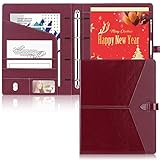 Toplive Porte Documents en cuir Organiseur multifonctionnel dossier de conférence A4 Conferencier classeur Padfolio avec 4 anneaux de feuilles pour réunion,bureau,école,Rouge vineux