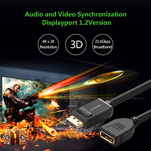 UGREEN Displayport Verlängerungskabel DP Stecker auf Buchse Video Audio Kabel, Vergoldete Kontakte unterstützt für hochwertiges Audio und video und für die neueste HDTV, Projektor, Display 2m - 4