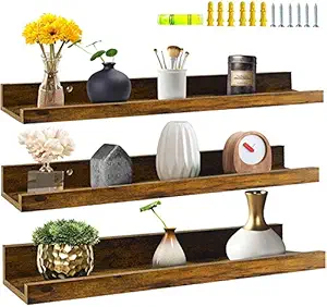 Genuine Decor 24 Inch Wooden Floating Shelves Wall Mounted Set of 3, Rustic Large Wall Shelf with Ledge for Bathroom Bedroom Kitchen Living Room (Brown)