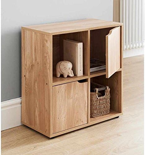 4 Cube MDF Oak Finish Standing Shelf / Shelves 2 Doors 2 Open Cubes Bookcase Office Home Storage