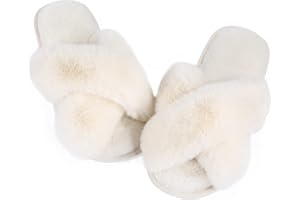 Ankis Hausschuhe Damen Plüsch mit Kreuzband Winter Warme Pantoffeln Memory-Schaum und Offene Zehenpartie Flauschige Hausschuhe Damen für Drinnen und Draußen (Weiß,Schwarz,Grau,Rosa,Kamel)
