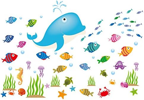 Winhappyhome Dolphin Fishes Sea World Wall Art Stickers for Bedroom Bathroom Nursery Kids Room Background Removable Decor Decals