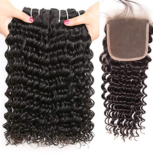 Deep Wave Brazilian Hair Bundles With Closure Real Remy Human Hair For Black Women Curly Hair Extensions Human Hair Weave (12 12 12+10, Natural color)