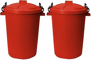 M1SS (Set of 2) 50 Litre Heavy Duty Plastic Clip Lock Lid Bin Indoor or Outdoor Rubbish, Dustbin, Trash, Waste or Storage of Animal Feed. (Red)