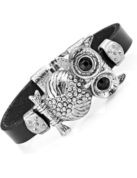 Atemberaubendes Leder Kristall Schwarzer Eule Manschette Armband (Silber Farbe)
