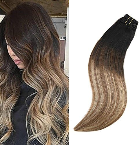 [20% Limited Promotion]22inch Human Hair Weft Clip in Remy Hair Double Weft Straight Hair Balayage Color Off Black and Medium Brown with Goleden Blonde #1b/6/16 100g 10pcs