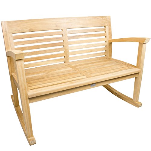 Trendisland Teak Gartenbank -Golea- 120cm massive Bank mit Wippfunktion aus Echt-Teakholz, 2-Sitzer, Schrauben und Beschläge in Edelstahl-Optik (Messing, verchromt)