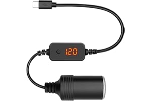 Giantdeer 30CM Presa da Maschio di Tipo C a Femmina di Accendisigari con Display di Tensione, Cavo da USB C a Accendisigari per Auto con Pulsante per Commutare Manualmente la Tensione di 5V/9V/12V