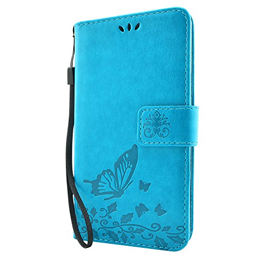 Galaxy A5 (2016) Hülle, Fraelc® Handyhülle Samsung Galaxy A510F 2016 Lederhülle Flip Tasche mit Kartenfächer und Standfunktion Schmetterling Blau Muster Schutzhülle mit 1x Displayfolie + 1x Eingabestift - 8