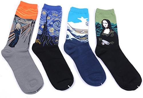 Men's 4 Pairs Painting Socks Mona Lisa, Starry Night, Great Wave of Kanagawa, Scream