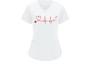 Battnot Kasack Damen Pflege Günstig große größen mit Liebe Motiv T-Shirt Schlupfkasack Krankenhaus Schlupfhemd Bluse Kurzarm V-Ausschnitt Kasack Bunt Arzt Uniform Berufsbekleidung Kleidung