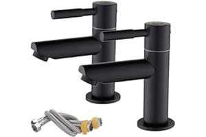 Maynosi Bathroom Basin Pillar Taps, Pair Basin Sink Mixer Taps, 1/4 Turn Washroom Pair Faucets, Twin Lever Modern Taps Pairs, Include Flexible Hoses, Brass (Matte Black)