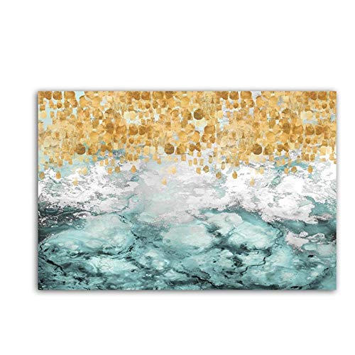 HSFFBHFBH Lienzo Arte de la Pared Impresión Pintura Abstracta Grande Azul Turquesa Verde Azulado Dorado Colorido Fluido Vertical Decoración de Arte Pintura 60x90cm (23.6"x35.4) Sin Marco