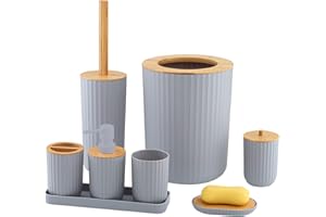 MissFox 8-teiliges Badezimmer Zubehör Set, Seifenspender Set aus Bambus, Badezimmerset mit Lotionspender, Mülleimer, Seifenschale, Zahnbürstenhalter, Zahnputzbecher, Toilettenbürste und Tablett