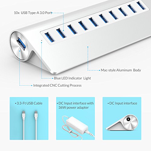 ORICO Aluminium USB Hub Portable, 10 Ports, USB 3.0 Highspeed Datenhub mit Netzteil und 1 m USB 3.0 Kabel für Notebook Ultrabook Tablet MacBook iMac - 5